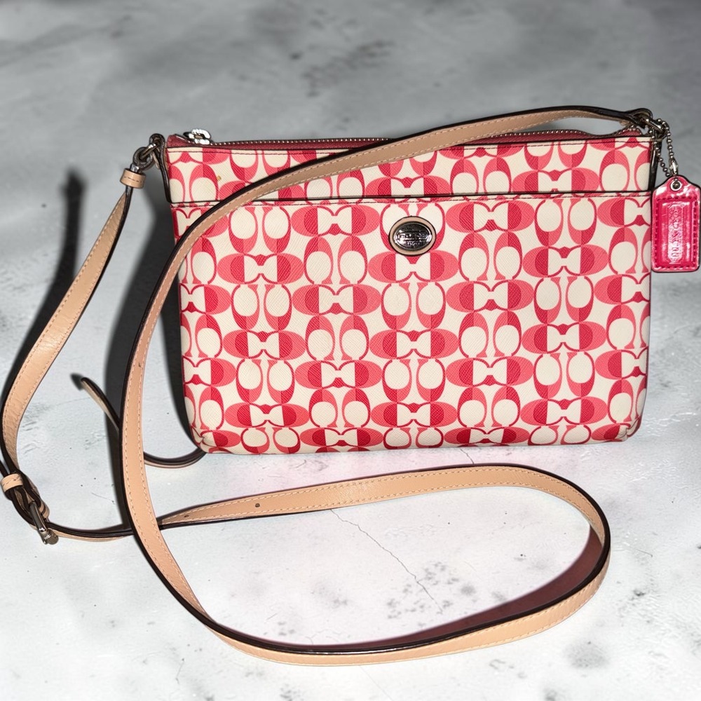 Coach Signature Pink White Monogram File Bag Crossbody Tan Leather Trim